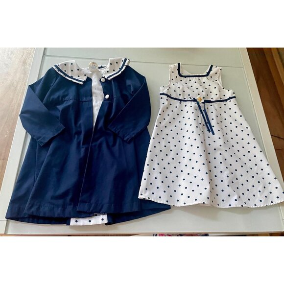 Vintage 3T Polka Dot Dress with Matching Coat: Navy Blue Cotton Blend - Picture 5 of 9